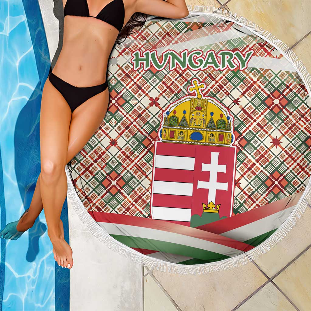 Hungary Christmas Beach Blanket with Red Green Plaid Pattern Crown and Double Cross Motif - Wonder Print Shop