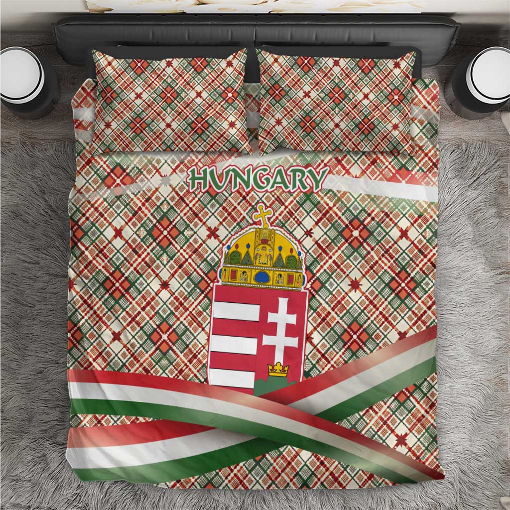 Hungary Christmas Bedding Set with Red Green Plaid Pattern Crown and Double Cross Motif - Wonder Print Shop