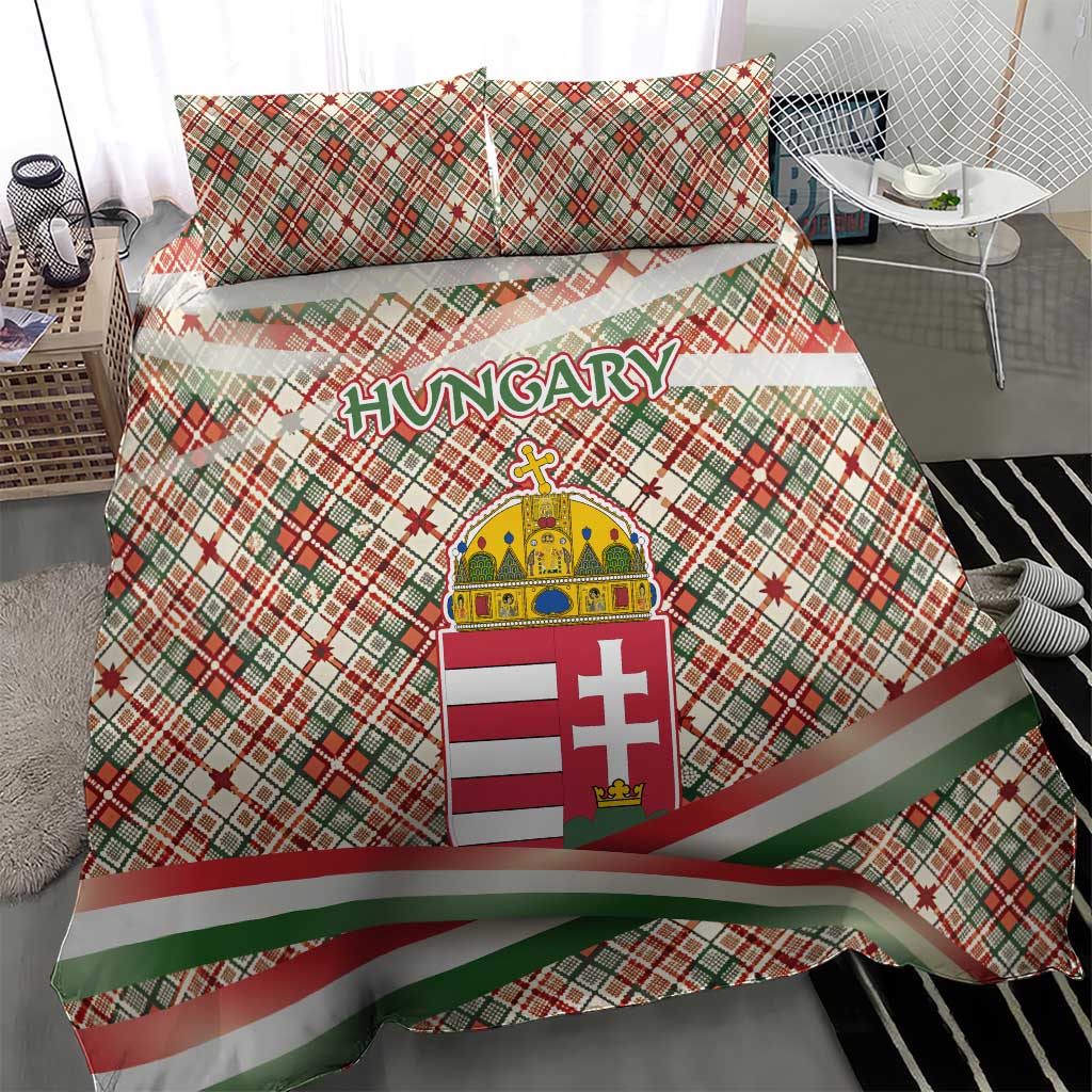 Hungary Christmas Bedding Set with Red Green Plaid Pattern Crown and Double Cross Motif - Wonder Print Shop
