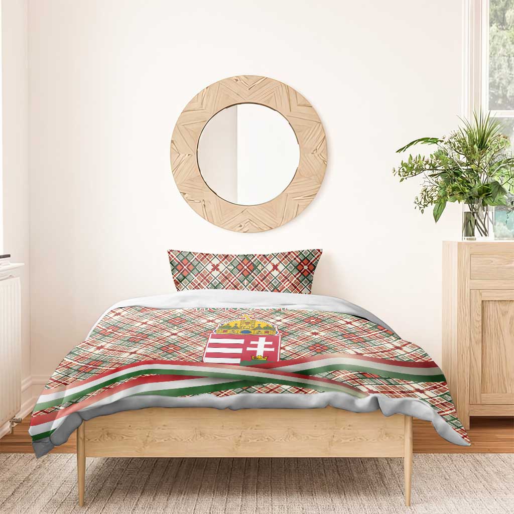 Hungary Christmas Bedding Set with Red Green Plaid Pattern Crown and Double Cross Motif - Wonder Print Shop