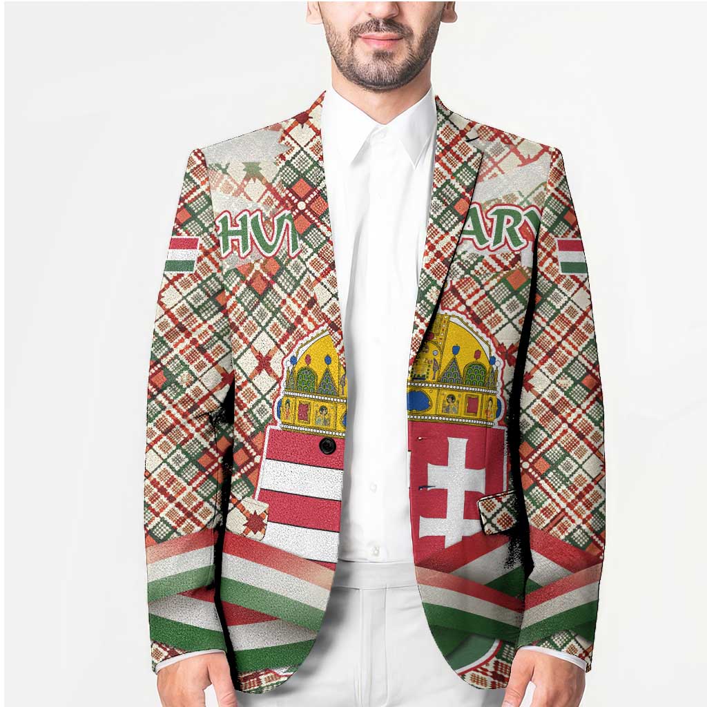 Hungary Christmas Blazer with Red Green Plaid Pattern Crown and Double Cross Motif - Wonder Print Shop