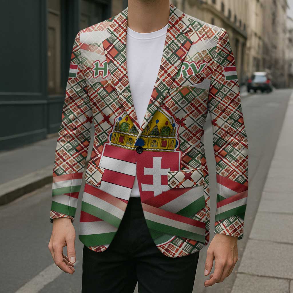 Hungary Christmas Blazer with Red Green Plaid Pattern Crown and Double Cross Motif - Wonder Print Shop