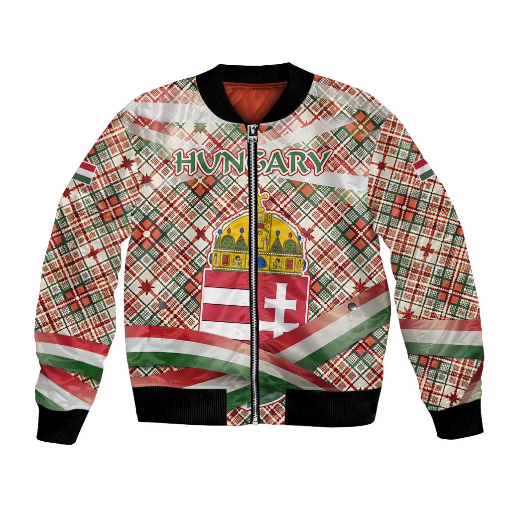 Hungary Christmas Bomber Jacket with Red Green Plaid Pattern Crown and Double Cross Motif - Wonder Print Shop