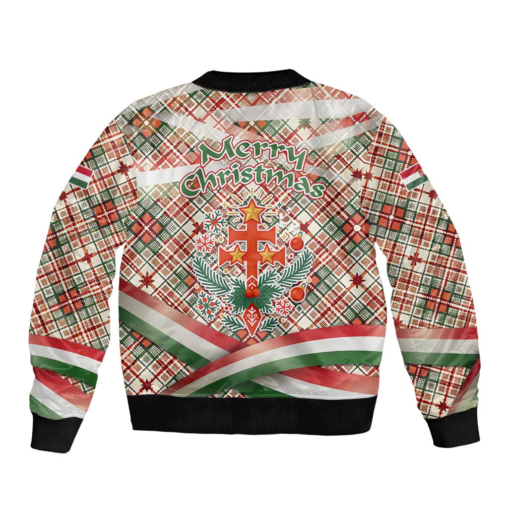 Hungary Christmas Bomber Jacket with Red Green Plaid Pattern Crown and Double Cross Motif - Wonder Print Shop