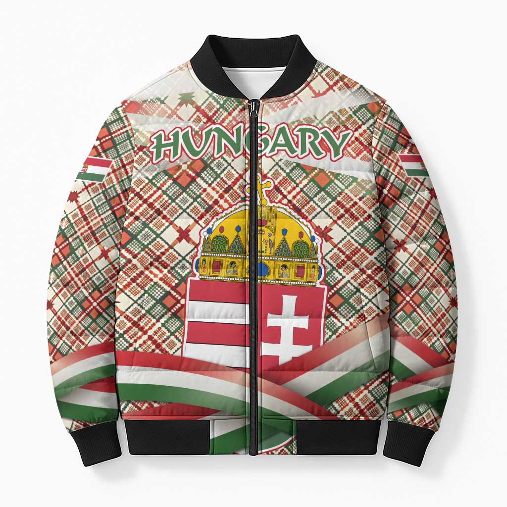 Hungary Christmas Bomber Puffer Jacket with Red Green Plaid Pattern Crown and Double Cross Motif - Wonder Print Shop