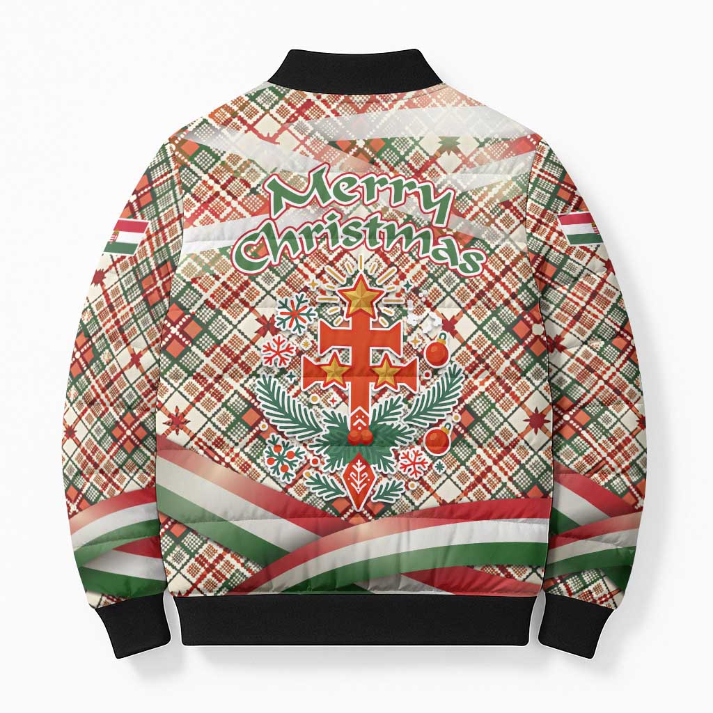 Hungary Christmas Bomber Puffer Jacket with Red Green Plaid Pattern Crown and Double Cross Motif - Wonder Print Shop