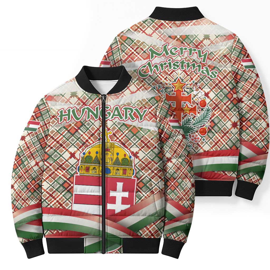 Hungary Christmas Bomber Puffer Jacket with Red Green Plaid Pattern Crown and Double Cross Motif - Wonder Print Shop