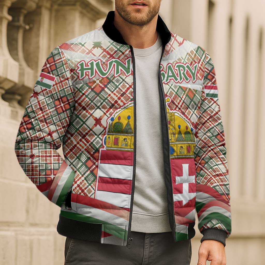 Hungary Christmas Bomber Puffer Jacket with Red Green Plaid Pattern Crown and Double Cross Motif - Wonder Print Shop