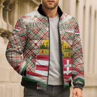 Hungary Christmas Bomber Puffer Jacket with Red Green Plaid Pattern Crown and Double Cross Motif - Wonder Print Shop