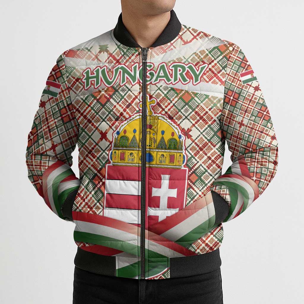 Hungary Christmas Bomber Puffer Jacket with Red Green Plaid Pattern Crown and Double Cross Motif - Wonder Print Shop