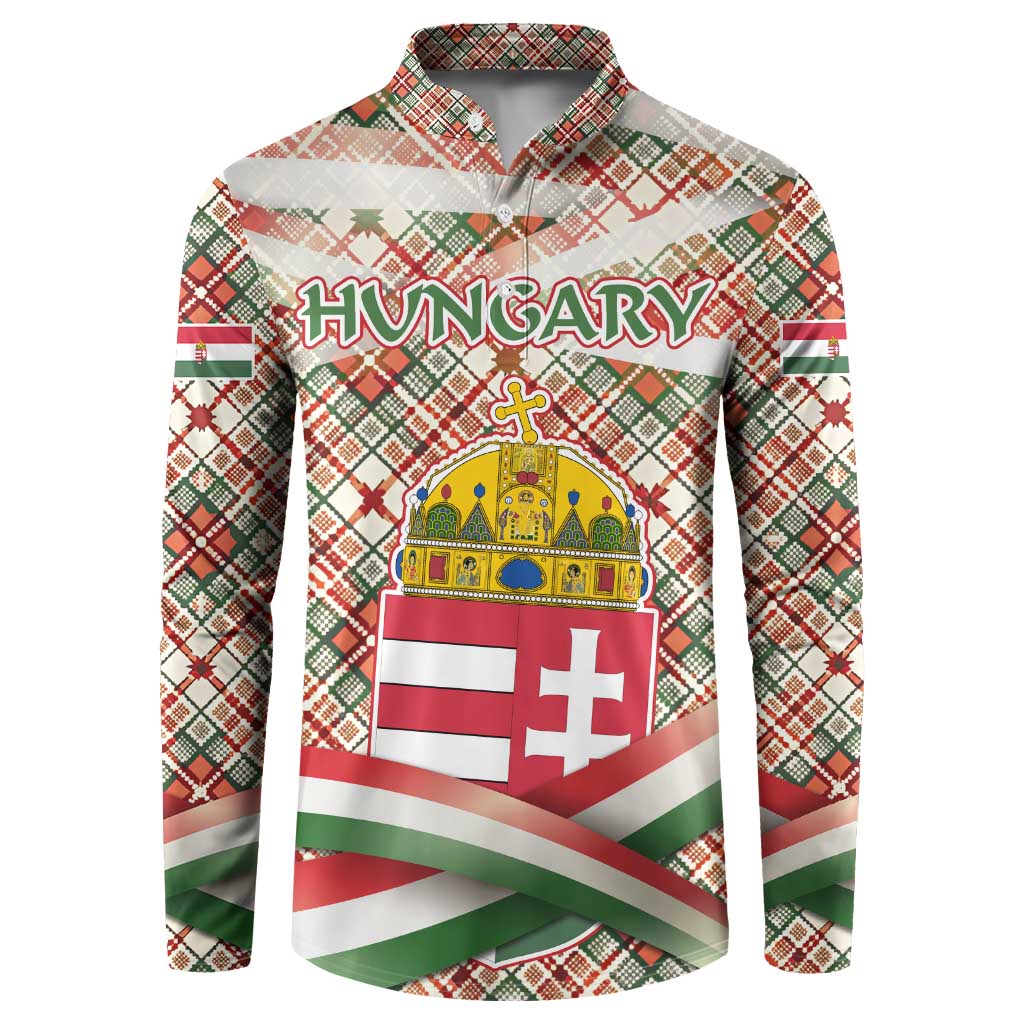 Hungary Christmas Button Sweatshirt with Red Green Plaid Pattern Crown and Double Cross Motif - Wonder Print Shop