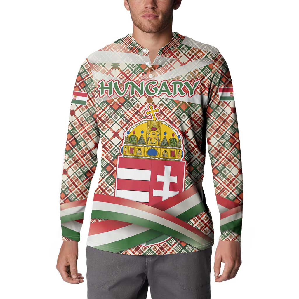 Hungary Christmas Button Sweatshirt with Red Green Plaid Pattern Crown and Double Cross Motif - Wonder Print Shop