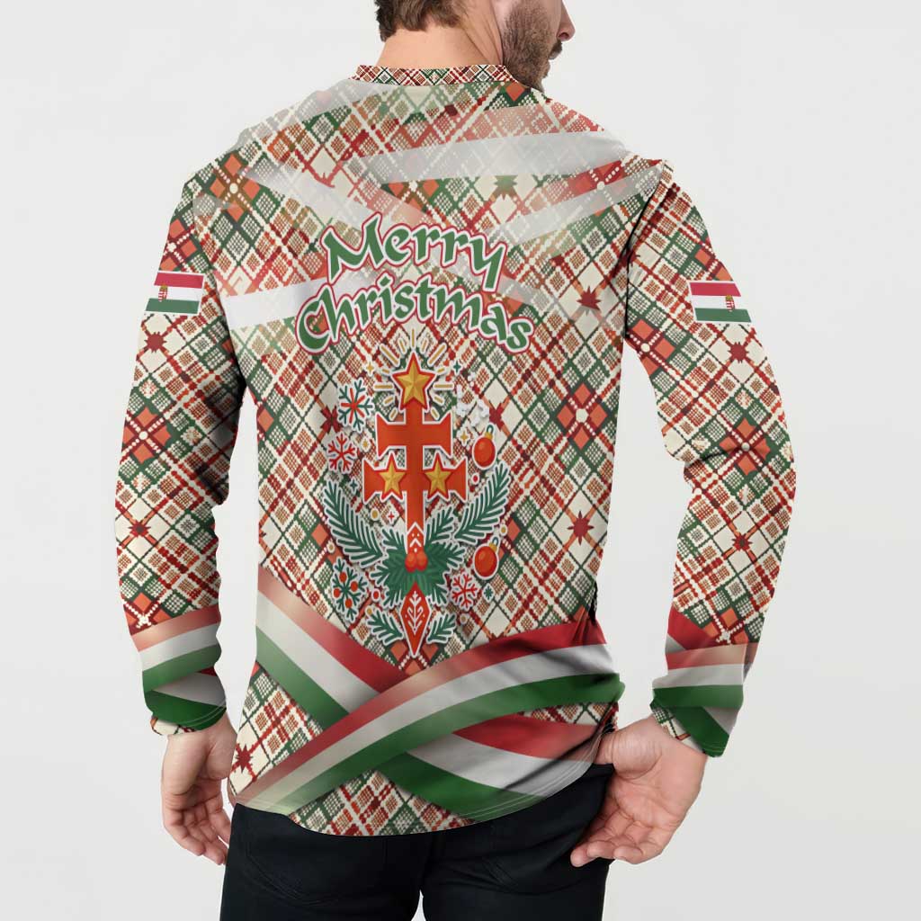 Hungary Christmas Button Sweatshirt with Red Green Plaid Pattern Crown and Double Cross Motif - Wonder Print Shop
