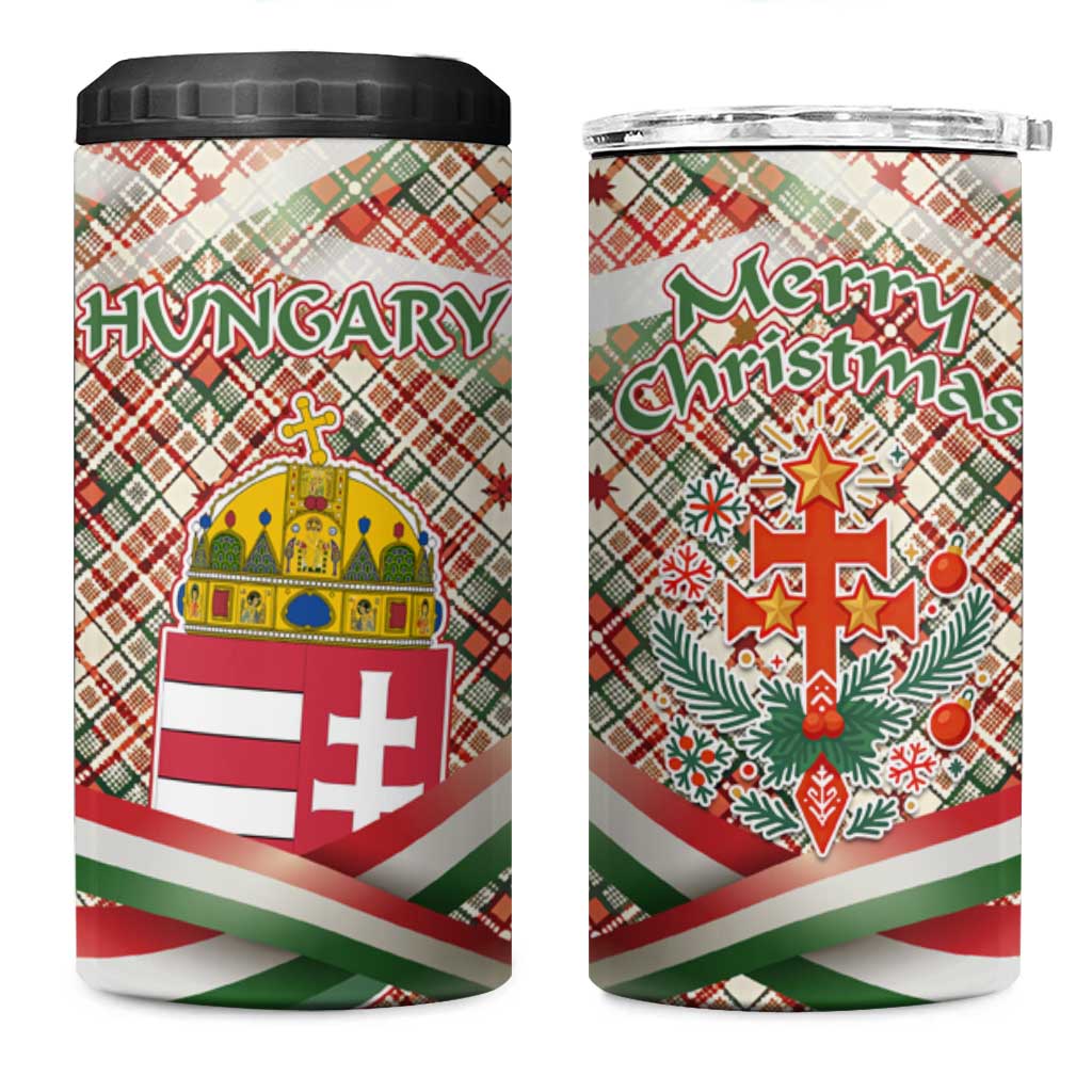 Hungary Christmas 4 in 1 Can Cooler Tumbler with Red Green Plaid Pattern Crown and Double Cross Motif - Wonder Print Shop