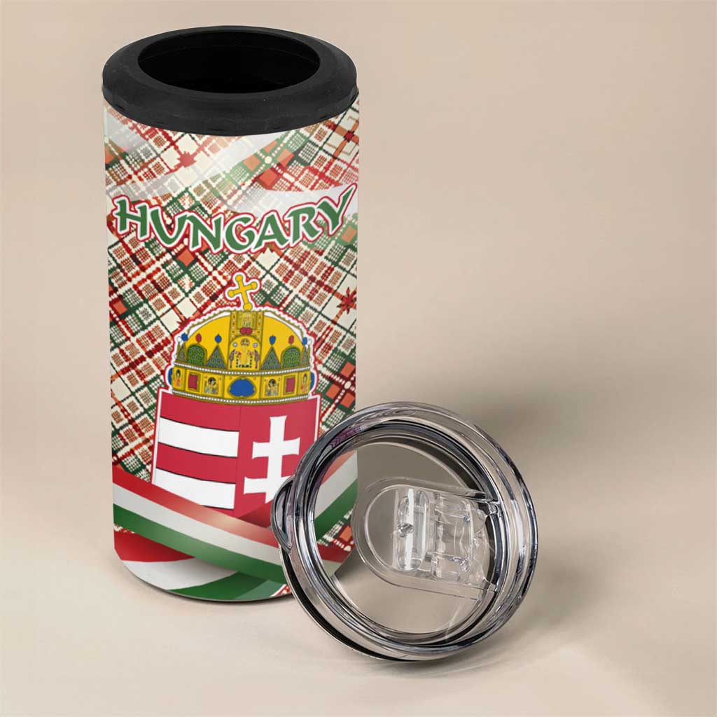 Hungary Christmas 4 in 1 Can Cooler Tumbler with Red Green Plaid Pattern Crown and Double Cross Motif - Wonder Print Shop