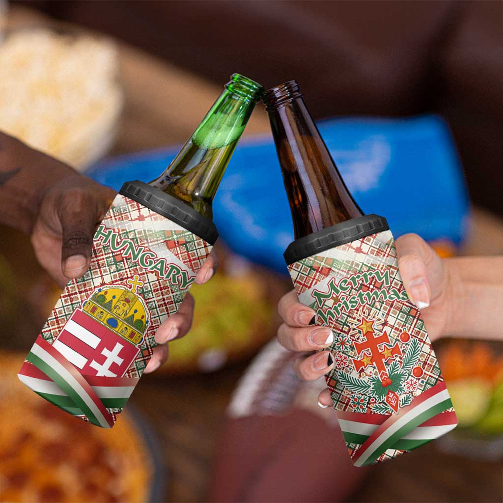 Hungary Christmas 4 in 1 Can Cooler Tumbler with Red Green Plaid Pattern Crown and Double Cross Motif - Wonder Print Shop