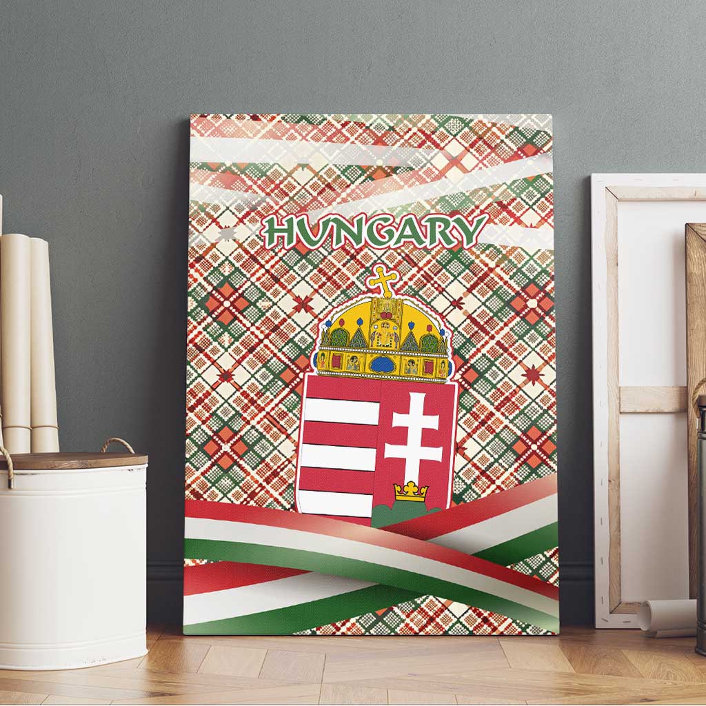 Hungary Christmas Canvas Wall Art with Red Green Plaid Pattern Crown and Double Cross Motif - Wonder Print Shop