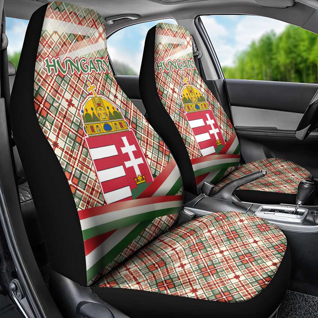 Hungary Christmas Car Seat Cover with Red Green Plaid Pattern Crown and Double Cross Motif - Wonder Print Shop