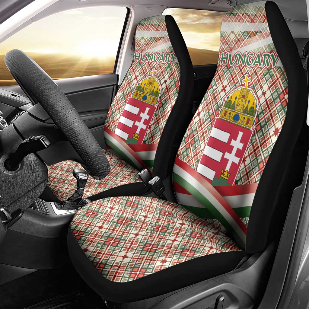 Hungary Christmas Car Seat Cover with Red Green Plaid Pattern Crown and Double Cross Motif - Wonder Print Shop