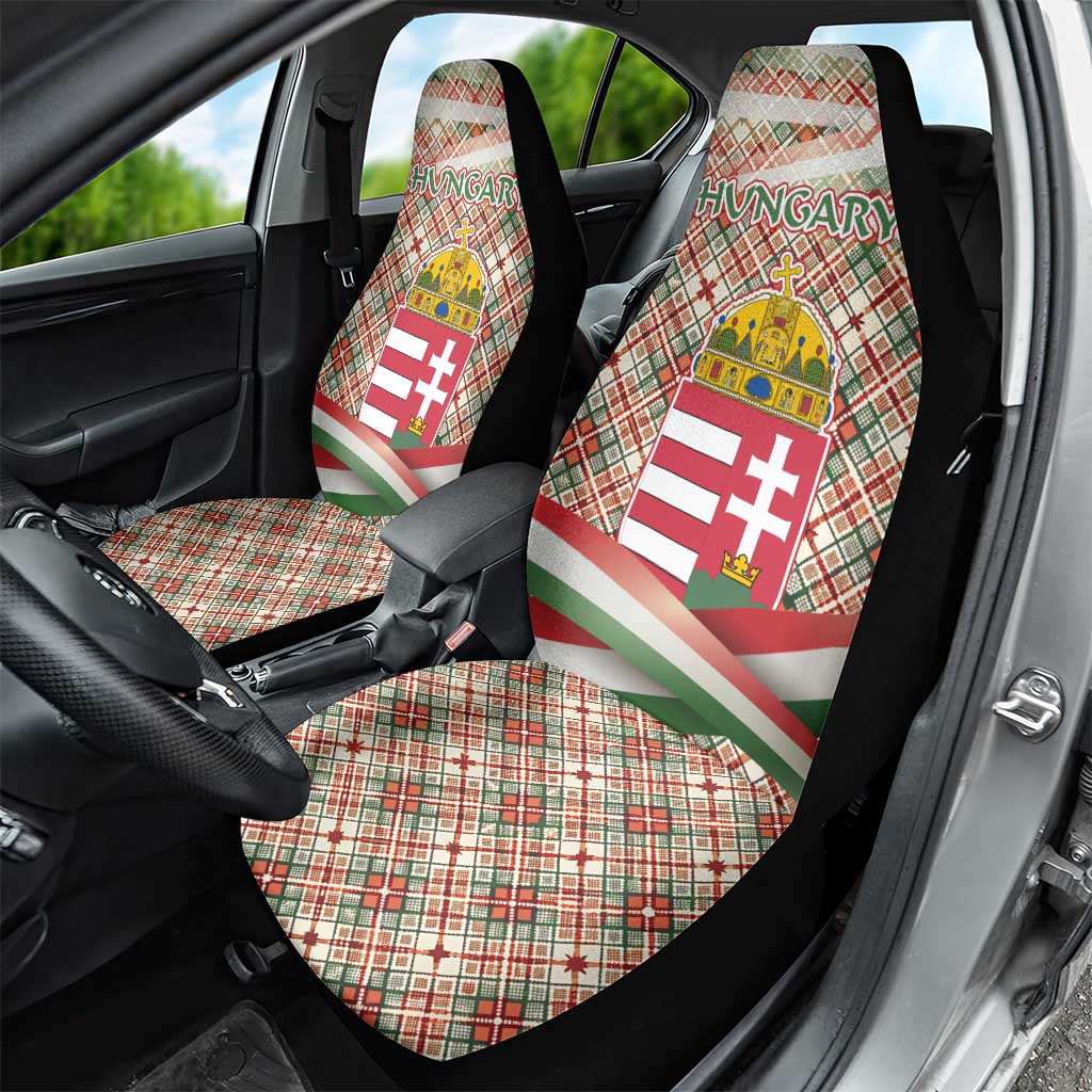Hungary Christmas Car Seat Cover with Red Green Plaid Pattern Crown and Double Cross Motif - Wonder Print Shop