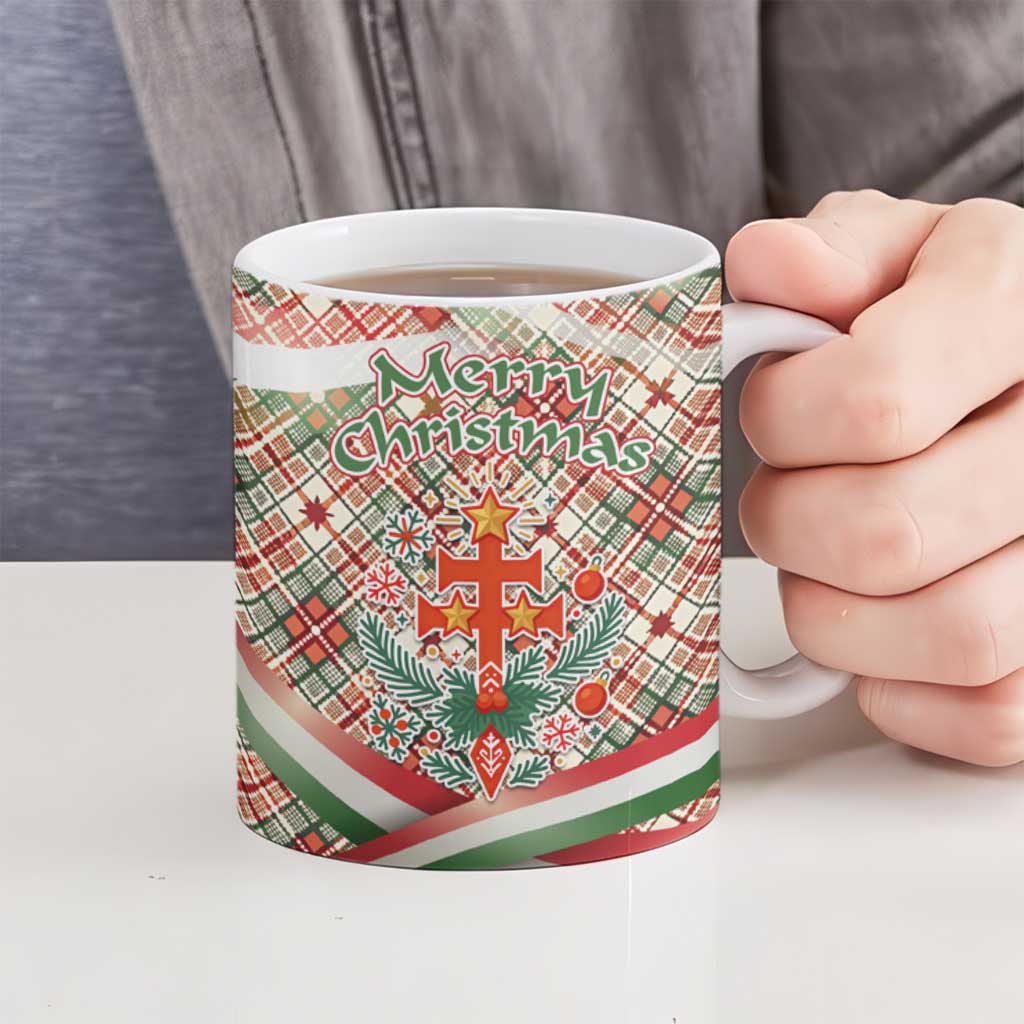 Hungary Christmas Ceramic Mug with Red Green Plaid Pattern Crown and Double Cross Motif - Wonder Print Shop