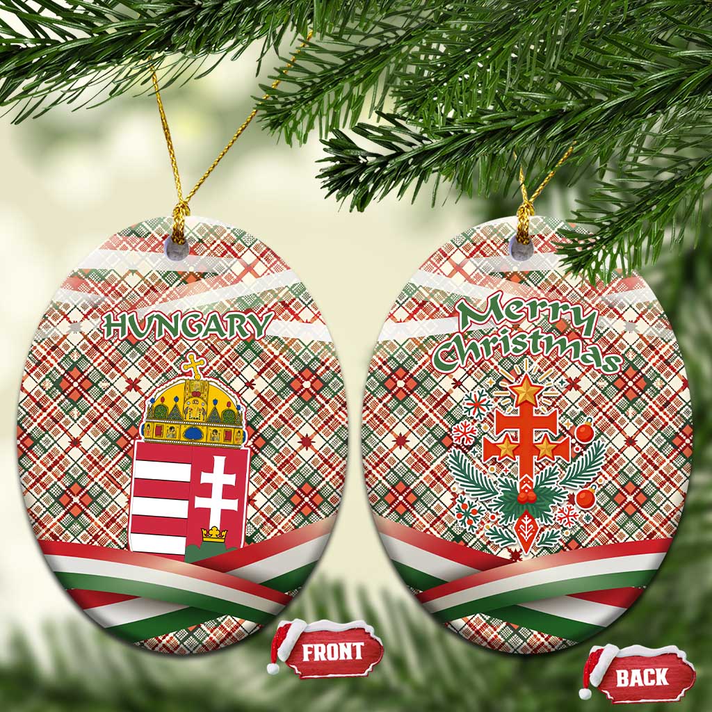 Hungary Christmas Ceramic Ornament with Red Green Plaid Pattern Crown and Double Cross Motif - Wonder Print Shop