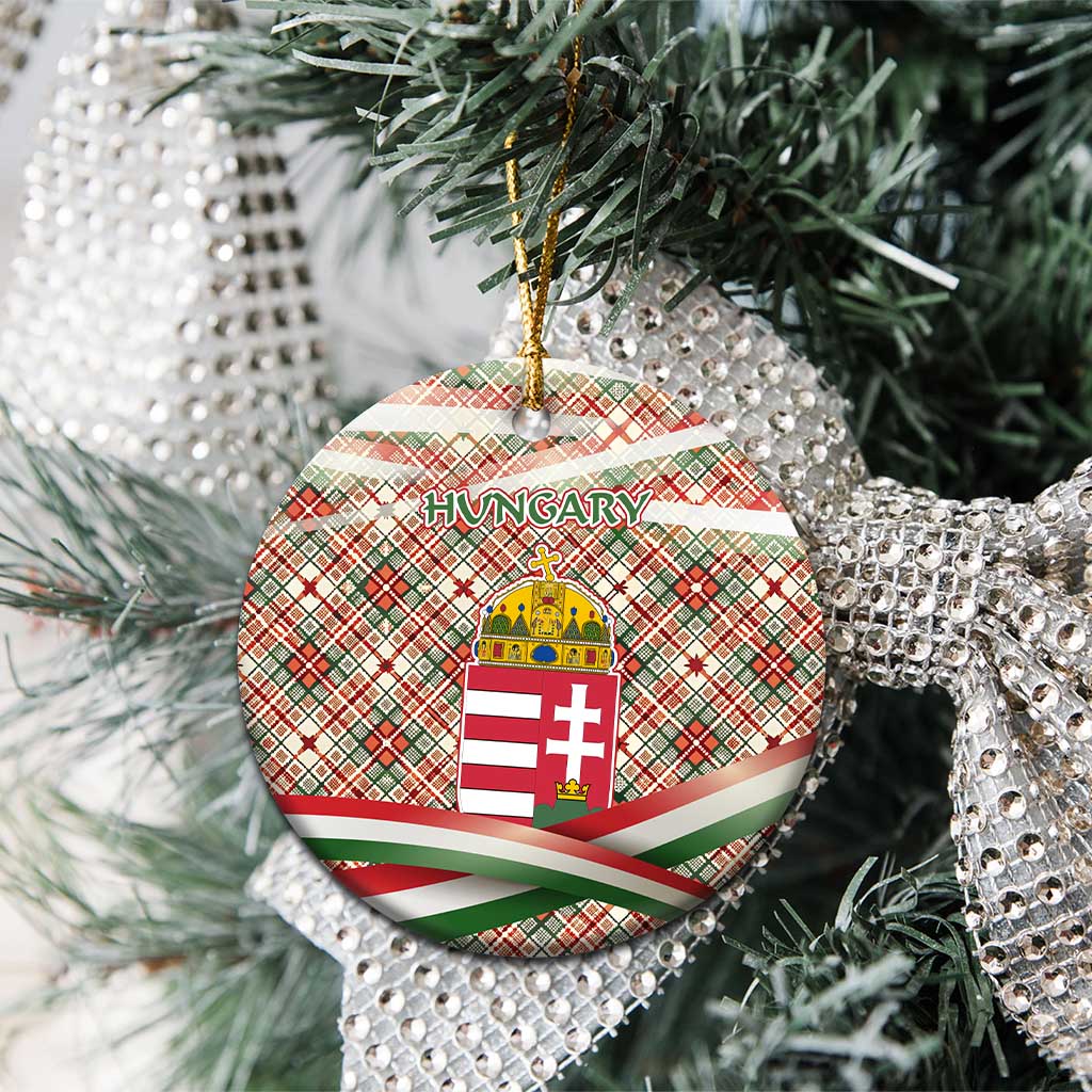 Hungary Christmas Ceramic Ornament with Red Green Plaid Pattern Crown and Double Cross Motif - Wonder Print Shop