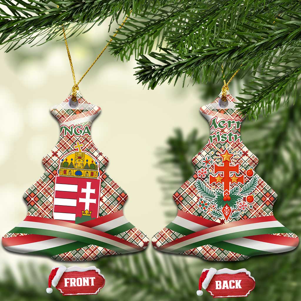 Hungary Christmas Ceramic Ornament with Red Green Plaid Pattern Crown and Double Cross Motif - Wonder Print Shop