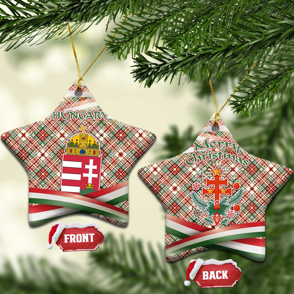 Hungary Christmas Ceramic Ornament with Red Green Plaid Pattern Crown and Double Cross Motif - Wonder Print Shop