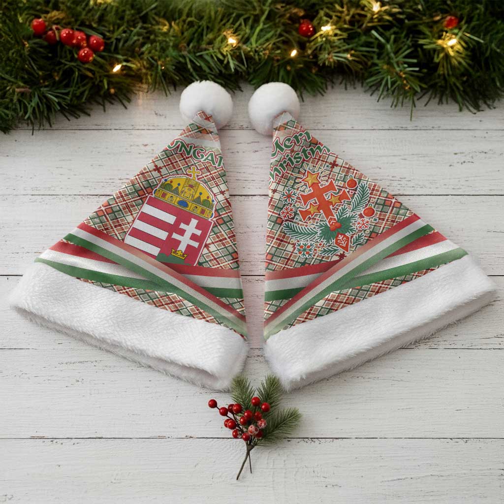 Hungary Christmas Santa Hat with Red Green Plaid Pattern Crown and Double Cross Motif - Wonder Print Shop