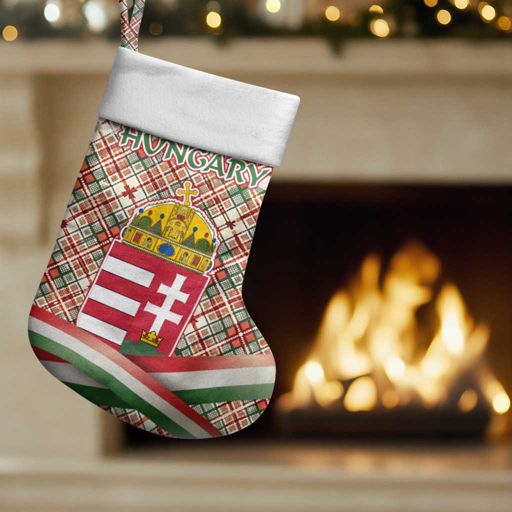 Hungary Christmas Stocking with Red Green Plaid Pattern Crown and Double Cross Motif - Wonder Print Shop