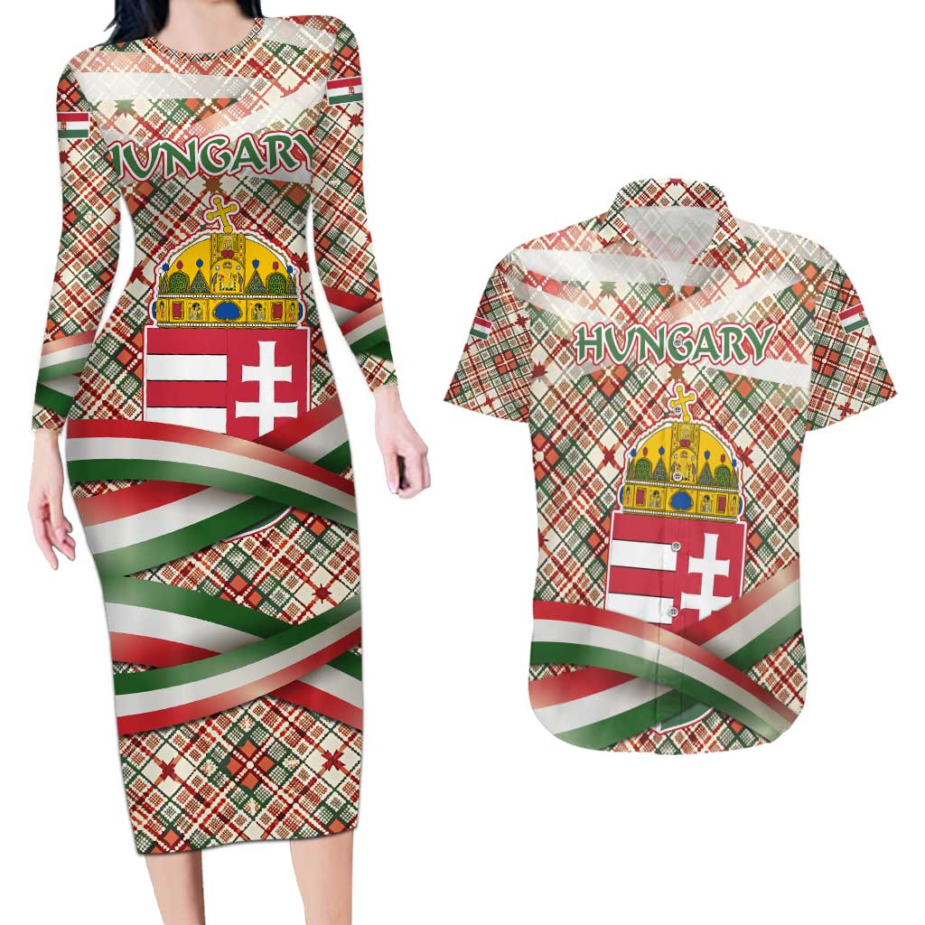 Hungary Christmas Couples Matching Long Sleeve Bodycon Dress and Hawaiian Shirt with Red Green Plaid Pattern Crown and Double Cross Motif - Wonder Print Shop