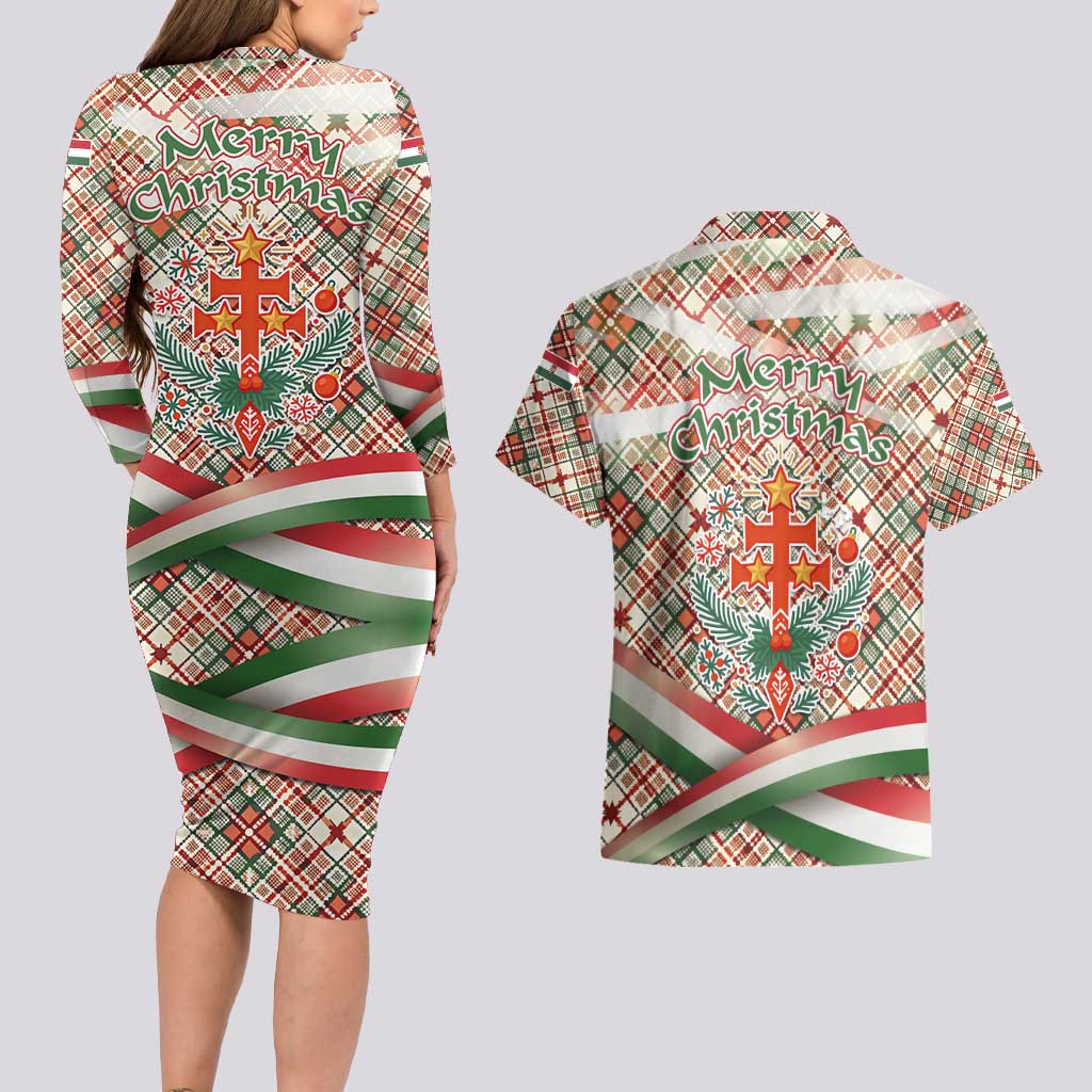 Hungary Christmas Couples Matching Long Sleeve Bodycon Dress and Hawaiian Shirt with Red Green Plaid Pattern Crown and Double Cross Motif - Wonder Print Shop