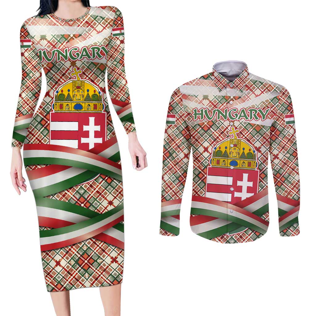 Hungary Christmas Couples Matching Long Sleeve Bodycon Dress and Long Sleeve Button Shirt with Red Green Plaid Pattern Crown and Double Cross Motif - Wonder Print Shop
