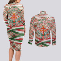 Hungary Christmas Couples Matching Long Sleeve Bodycon Dress and Long Sleeve Button Shirt with Red Green Plaid Pattern Crown and Double Cross Motif - Wonder Print Shop