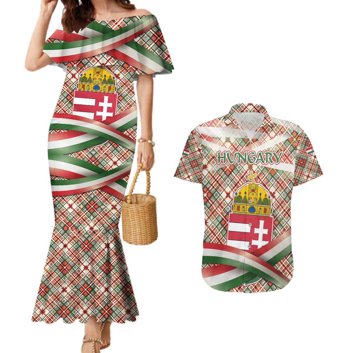 Hungary Christmas Couples Matching Mermaid Dress and Hawaiian Shirt with Red Green Plaid Pattern Crown and Double Cross Motif - Wonder Print Shop