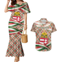 Hungary Christmas Couples Matching Mermaid Dress and Hawaiian Shirt with Red Green Plaid Pattern Crown and Double Cross Motif - Wonder Print Shop