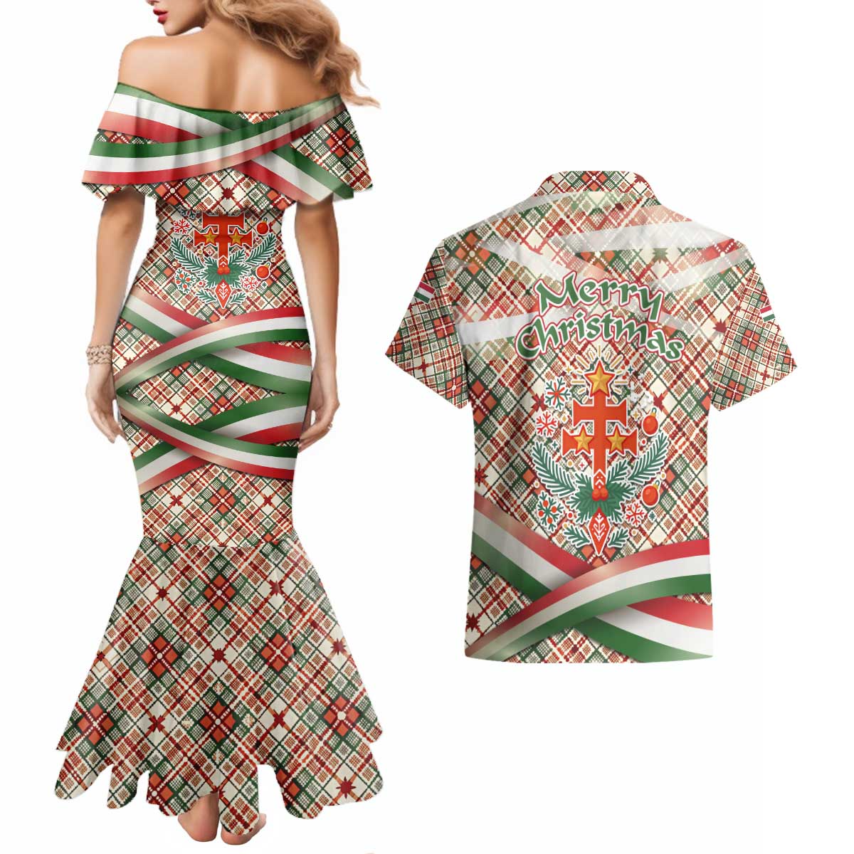 Hungary Christmas Couples Matching Mermaid Dress and Hawaiian Shirt with Red Green Plaid Pattern Crown and Double Cross Motif - Wonder Print Shop