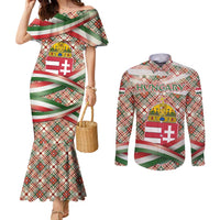 Hungary Christmas Couples Matching Mermaid Dress and Long Sleeve Button Shirt with Red Green Plaid Pattern Crown and Double Cross Motif - Wonder Print Shop