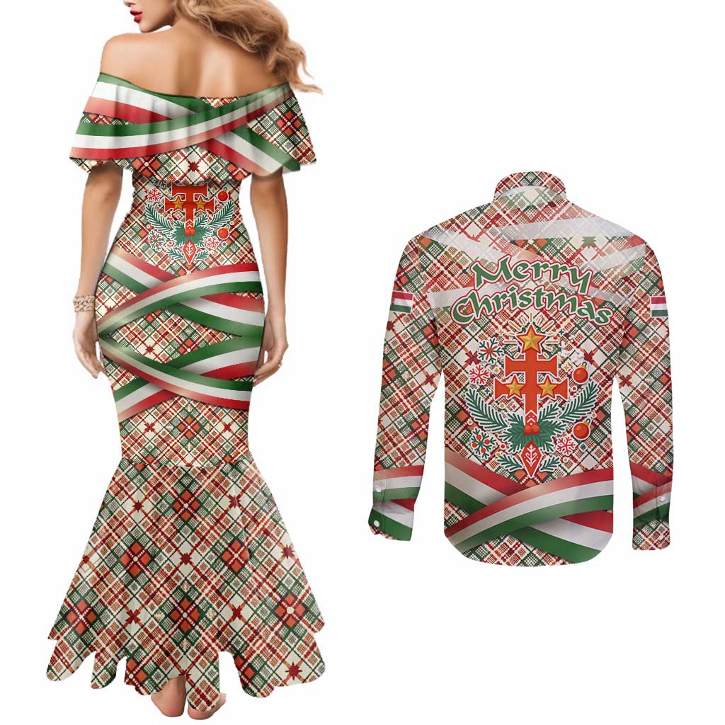Hungary Christmas Couples Matching Mermaid Dress and Long Sleeve Button Shirt with Red Green Plaid Pattern Crown and Double Cross Motif - Wonder Print Shop