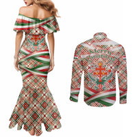 Hungary Christmas Couples Matching Mermaid Dress and Long Sleeve Button Shirt with Red Green Plaid Pattern Crown and Double Cross Motif - Wonder Print Shop