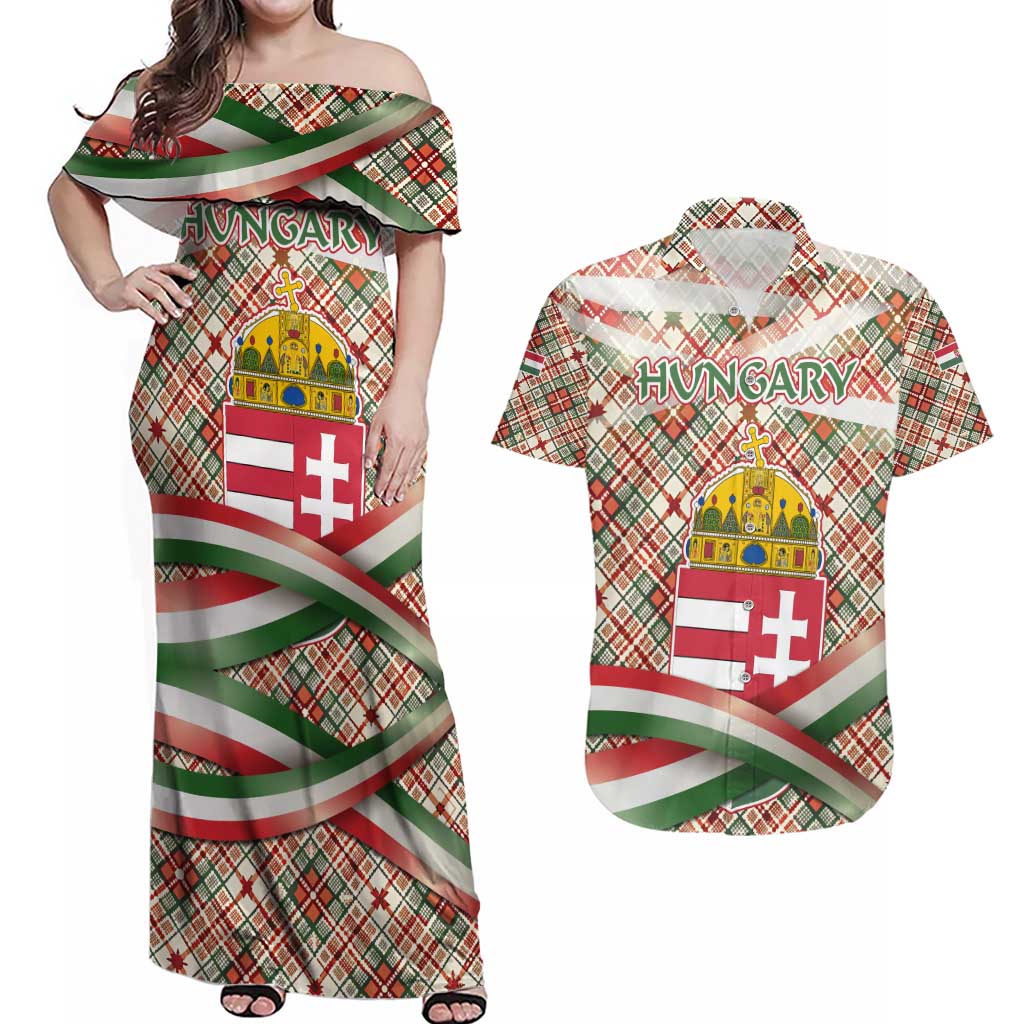 Hungary Christmas Couples Matching Off Shoulder Maxi Dress and Hawaiian Shirt with Red Green Plaid Pattern Crown and Double Cross Motif - Wonder Print Shop