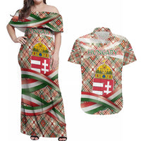 Hungary Christmas Couples Matching Off Shoulder Maxi Dress and Hawaiian Shirt with Red Green Plaid Pattern Crown and Double Cross Motif - Wonder Print Shop