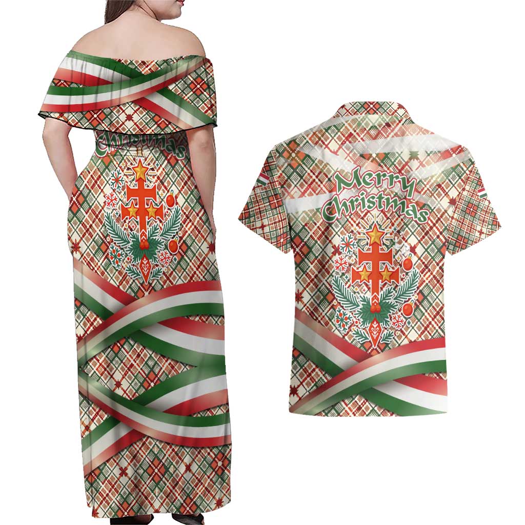 Hungary Christmas Couples Matching Off Shoulder Maxi Dress and Hawaiian Shirt with Red Green Plaid Pattern Crown and Double Cross Motif - Wonder Print Shop