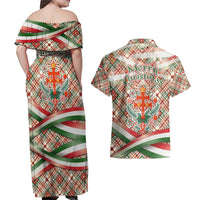 Hungary Christmas Couples Matching Off Shoulder Maxi Dress and Hawaiian Shirt with Red Green Plaid Pattern Crown and Double Cross Motif - Wonder Print Shop