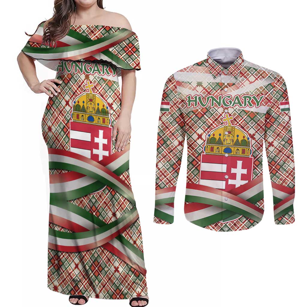 Hungary Christmas Couples Matching Off Shoulder Maxi Dress and Long Sleeve Button Shirt with Red Green Plaid Pattern Crown and Double Cross Motif - Wonder Print Shop