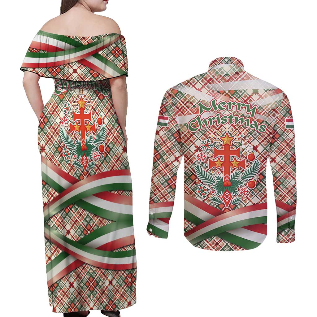 Hungary Christmas Couples Matching Off Shoulder Maxi Dress and Long Sleeve Button Shirt with Red Green Plaid Pattern Crown and Double Cross Motif - Wonder Print Shop
