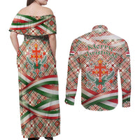 Hungary Christmas Couples Matching Off Shoulder Maxi Dress and Long Sleeve Button Shirt with Red Green Plaid Pattern Crown and Double Cross Motif - Wonder Print Shop