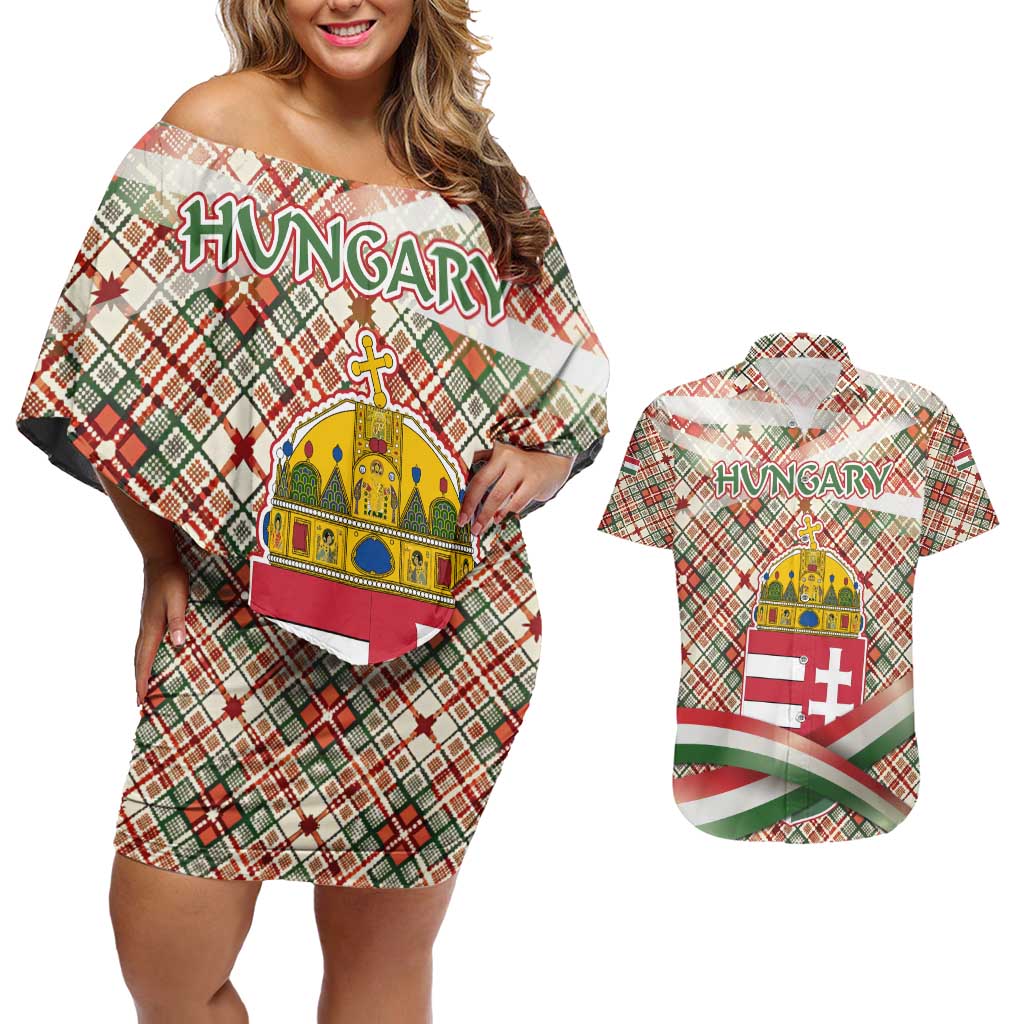 Hungary Christmas Couples Matching Off Shoulder Short Dress and Hawaiian Shirt with Red Green Plaid Pattern Crown and Double Cross Motif - Wonder Print Shop