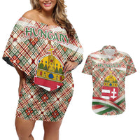 Hungary Christmas Couples Matching Off Shoulder Short Dress and Hawaiian Shirt with Red Green Plaid Pattern Crown and Double Cross Motif - Wonder Print Shop